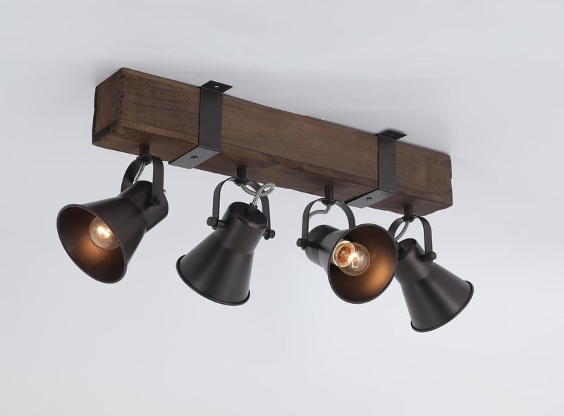 Rustic Wood Track Light Fixture, 4-Light Adjustable Spotlight with Black-Gold Metal Shades, E26 Base Ceiling Mount